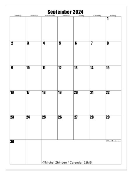 Calendar September 2024, 52MS. Free printable plan.