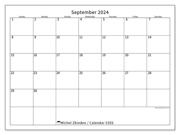Printable calendar, September 2024, 53SS