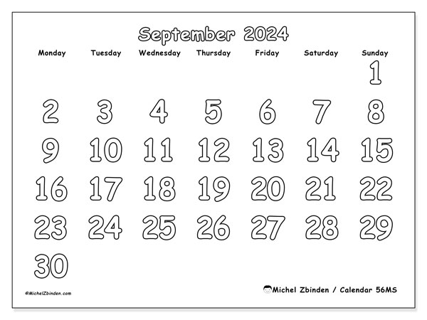 Printable calendar, September 2024, 56MS