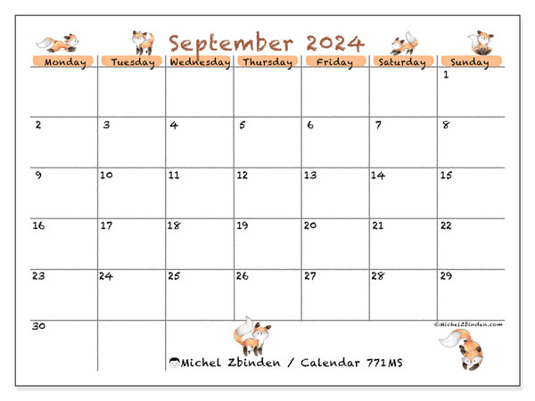 Printable calendar, September 2024, 771MS