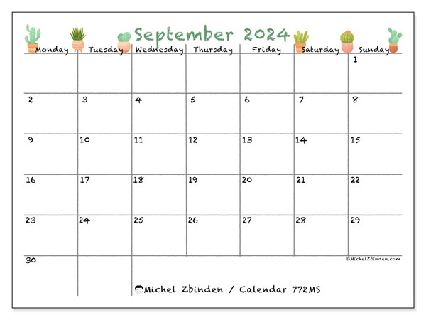 Calendar September 2024, 772MS. Free printable plan.