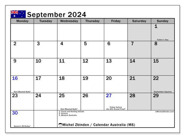 Kalender September 2024, Australien (EN). Kalender zum Ausdrucken kostenlos.