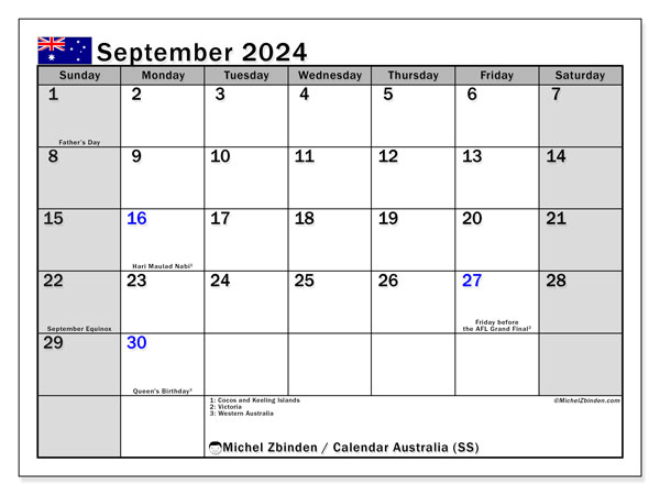 Calendário Setembro 2024 “Austrália”. Calendário gratuito para imprimir.. Domingo a Sábado