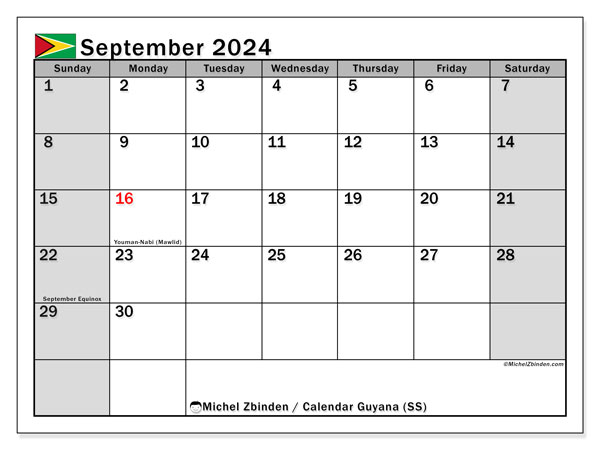 Printable calendar, September 2024, Guyana (SS)