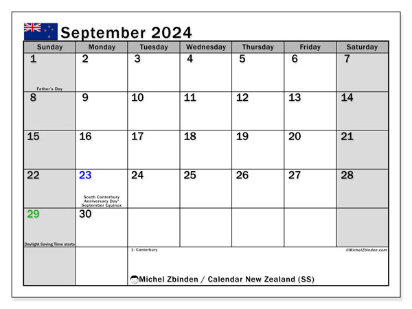 Calendário Setembro 2024 “Nova Zelândia”. Mapa gratuito para impressão.. Domingo a Sábado