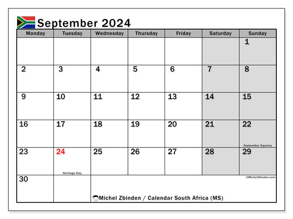 Calendário Setembro 2024 “África do Sul”. Horário gratuito para impressão.. Segunda a domingo