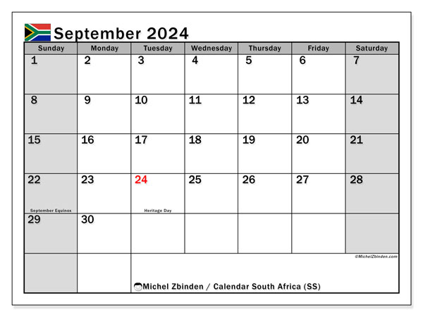 Calendário Setembro 2024 “África do Sul”. Horário gratuito para impressão.. Domingo a Sábado