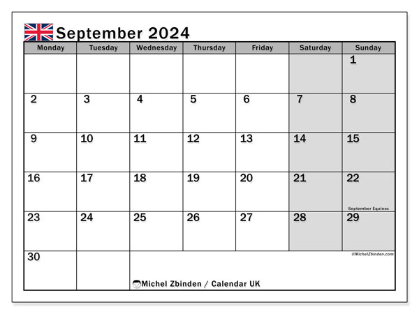 Calendário Setembro 2024 “Reino Unido”. Mapa gratuito para impressão.. Segunda a domingo