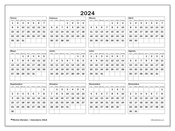 Calendario anual 2024 “34”. Calendario para imprimir gratis.. De lunes a domingo