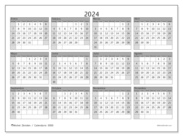 Calendario anual 2024 “35”. Programa para imprimir gratis.. De domingo a sábado