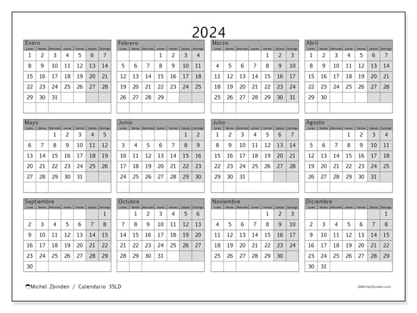 Calendario anual 2024 “35”. Programa para imprimir gratis.. De lunes a domingo