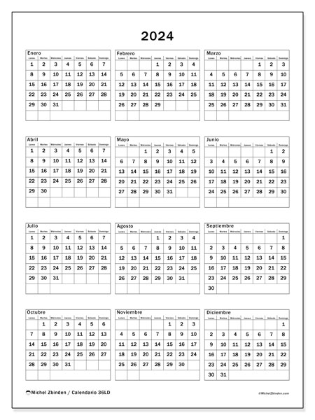 Calendario anual 2024 “36”. Calendario para imprimir gratis.. De lunes a domingo