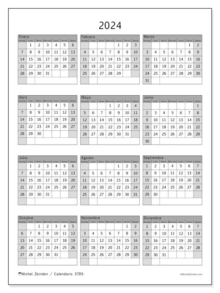 Calendario anual 2024 “37”. Programa para imprimir gratis.. De domingo a sábado