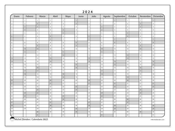 Calendario anual 2024 “38”. Calendario para imprimir gratis.. 