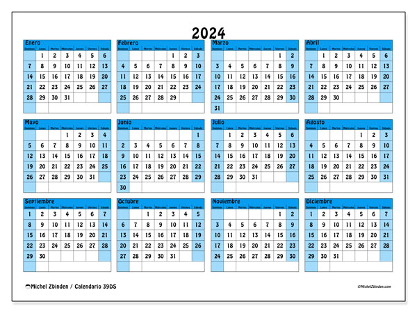 Calendario anual 2024 “39”. Horario para imprimir gratis.. De domingo a sábado