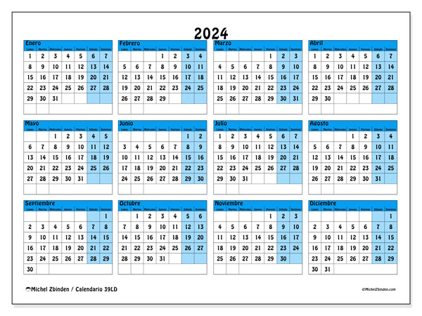 Calendario anual 2024 “39”. Diario para imprimir gratis.. De lunes a domingo