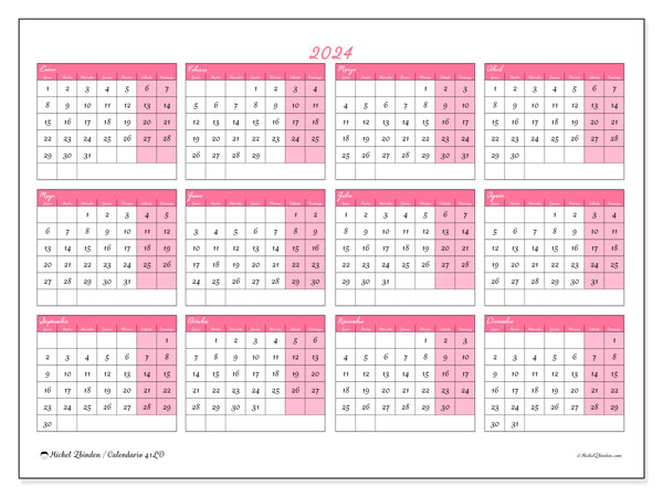 Calendario anual 2024 “41”. Horario para imprimir gratis.. De lunes a domingo