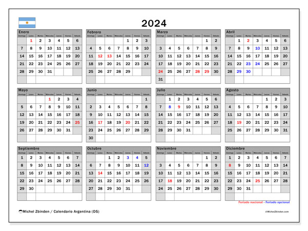 Calendario anual 2024 “Argentina”. Horario para imprimir gratis.. De domingo a sábado