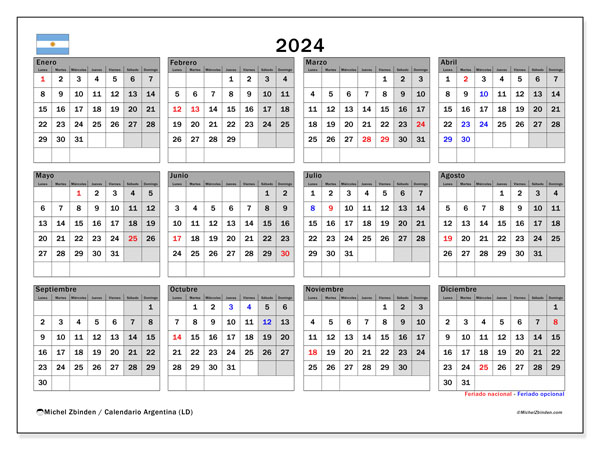 Calendario anual 2024 “Argentina”. Horario para imprimir gratis.. De lunes a domingo