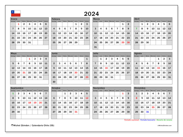 Kalender årlig 2024 “Chile”. Gratis utskrivbart program.. Söndag till lördag