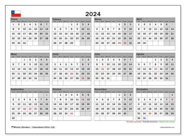Calendario con los feriados chilenos, 2024, para imprimir, sin cargo. Planificación imprimible gratuita