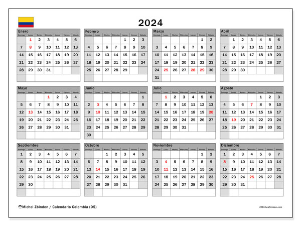 Calendario anual 2024 “Colombia”. Horario para imprimir gratis.. De domingo a sábado