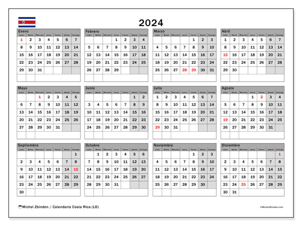 Kalender årlig 2024 “Costa Rica”. Schema för gratis utskrift.. Måndag till söndag