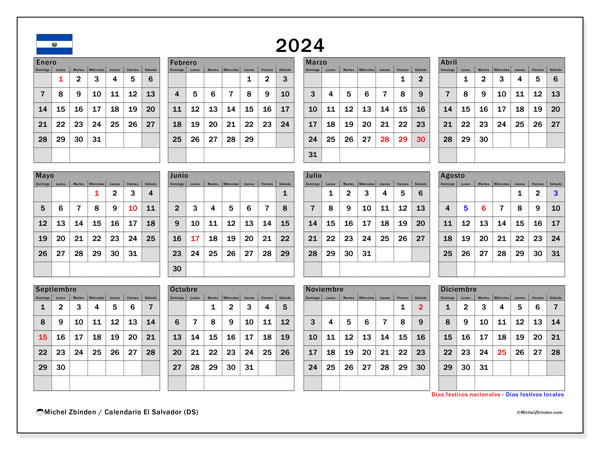 Kalenteri 2024, El Salvador (ES). Ilmainen tulostettava kalenteri.