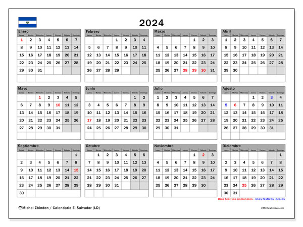 El Salvador (LD), calendario 2024, para imprimir, gratis.