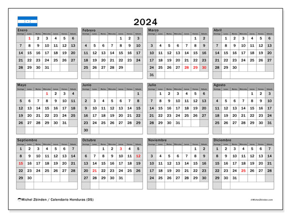 Kalender årlig 2024 “Honduras”. Gratis kalender som kan skrivas ut.. Söndag till lördag