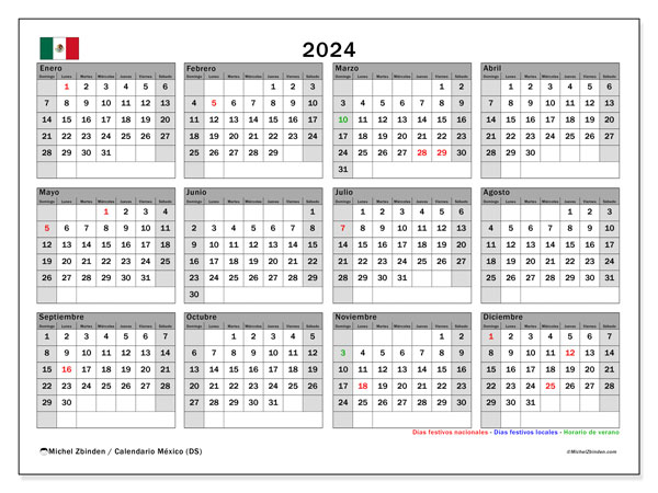 Kalender årlig 2024 “Mexiko”. Gratis kalender som kan skrivas ut.. Söndag till lördag