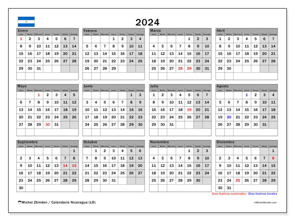 Calendario anual 2024 “Nicaragua”. Diario para imprimir gratis.. De lunes a domingo