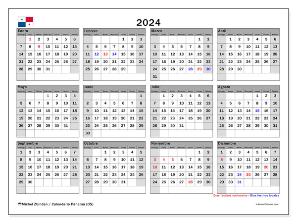 Calendario para imprimir, anual 2024, Panamá (DS)