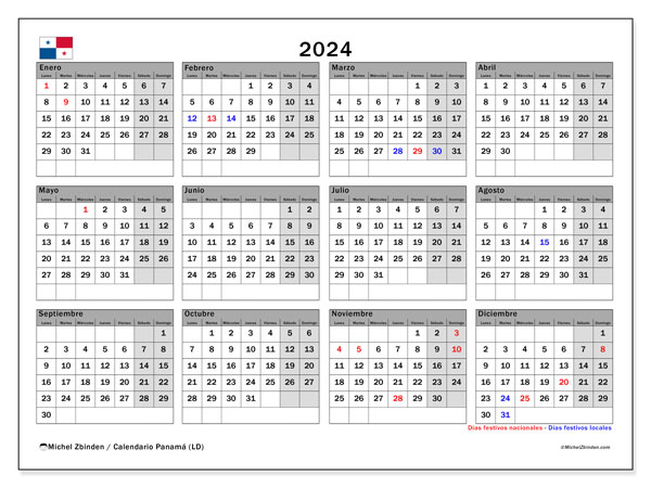 Kalender årlig 2024 “Panama”. Schema för gratis utskrift.. Måndag till söndag
