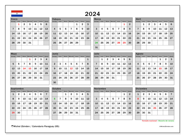 Calendario anual 2024 “Paraguay”. Horario para imprimir gratis.. De domingo a sábado