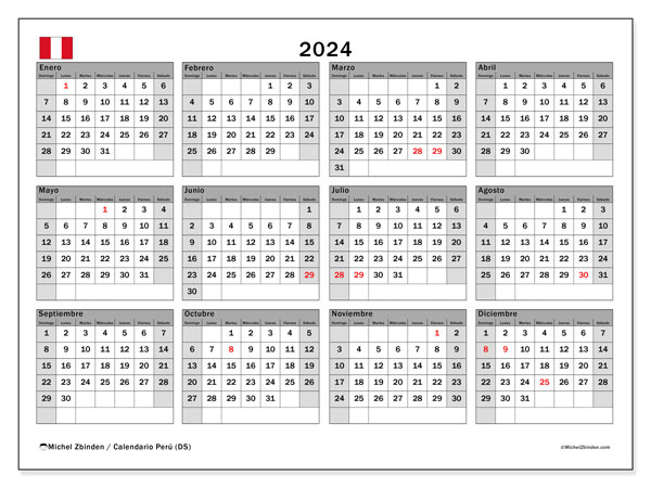 Calendario anual 2024 “Perú”. Programa para imprimir gratis.. De domingo a sábado