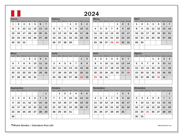 Calendario anual 2024 “Perú”. Programa para imprimir gratis.. De lunes a domingo