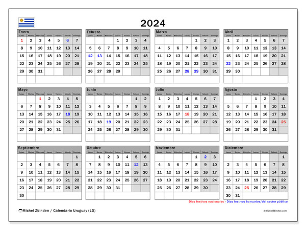 Kalender årlig 2024 “Uruguay”. Gratis utskrivbart program.. Måndag till söndag