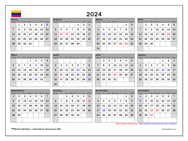 Calendario para imprimir, anual 2024, Venezuela (DS)