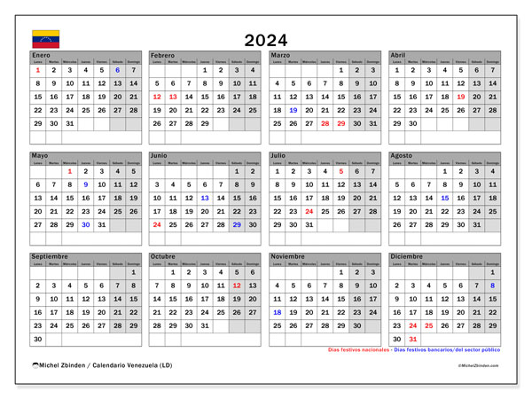 Kalender årlig 2024 “Venezuela”. Schema för gratis utskrift.. Måndag till söndag