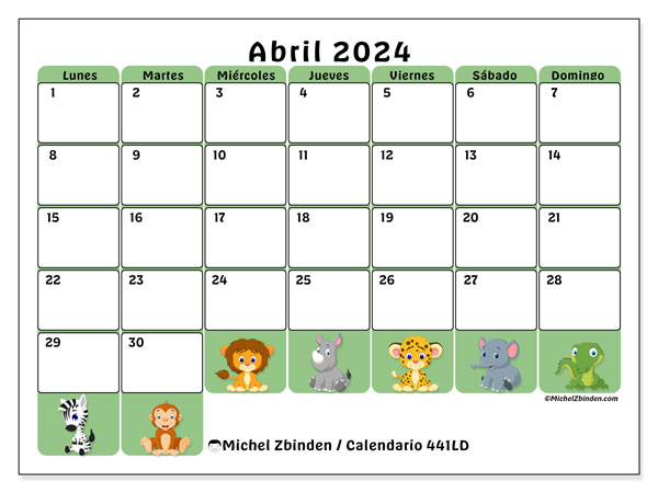 Calendario abril 2024, 441LD. Calendario para imprimir gratis.