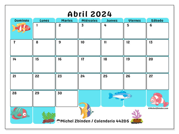 Calendario abril 2024 “442”. Calendario para imprimir gratis.. De domingo a sábado