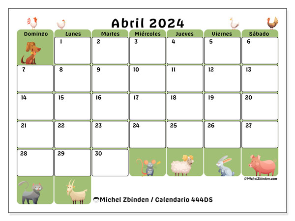 Calendario abril 2024 “444”. Diario para imprimir gratis.. De domingo a sábado