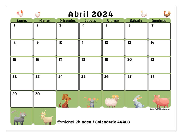 Calendario abril 2024 “444”. Diario para imprimir gratis.. De lunes a domingo