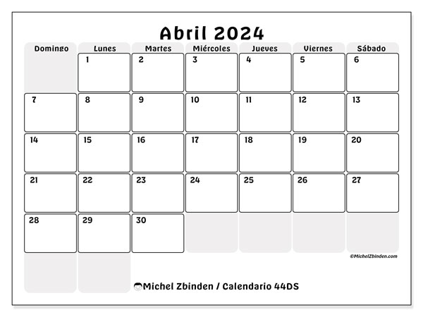 Calendario abril 2024 “44”. Horario para imprimir gratis.. De domingo a sábado