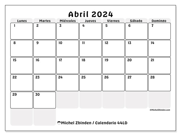 Calendario abril 2024, 44LD. Diario para imprimir gratis.