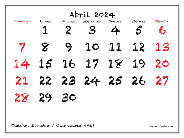 Calendario abril 2024 “46”. Horario para imprimir gratis.. De domingo a sábado