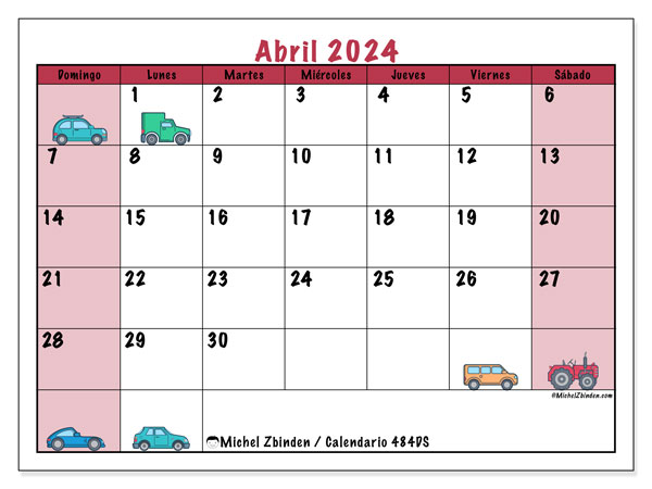 Calendario abril 2024 “484”. Horario para imprimir gratis.. De domingo a sábado