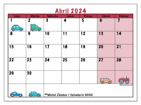 Calendario abril 2024 “484”. Horario para imprimir gratis.. De lunes a domingo