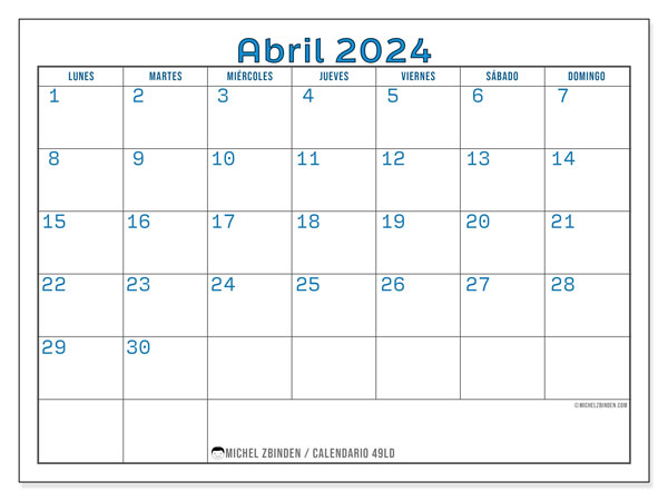 Calendario abril 2024, 49LD. Calendario para imprimir gratis.